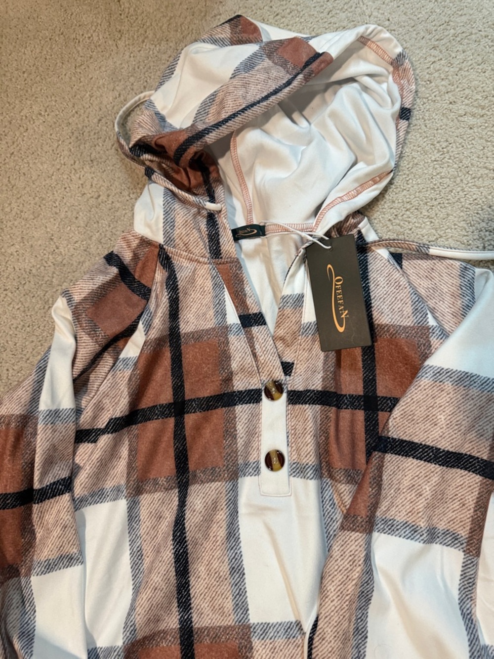 Plaid Hooded Pullover with Button Placket - Brown & Black Check